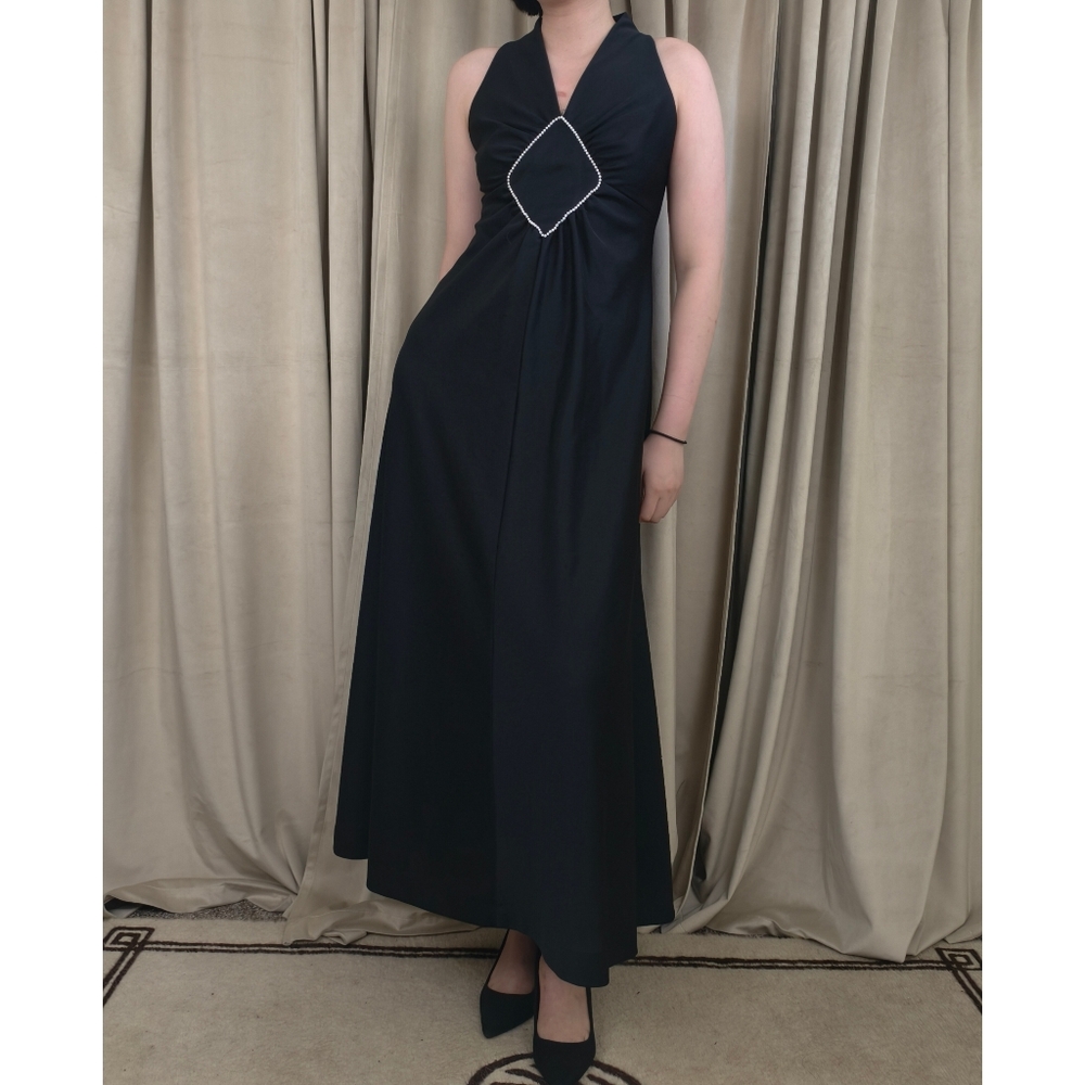 Vintage Black Sleeveless Halter Neck Maxi Dress with Beaded Accent